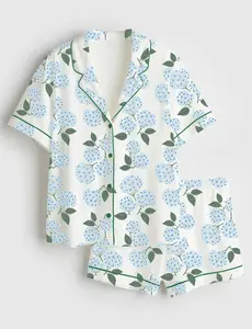 Women’s Blue Hydrangea Nantucket Cottage Short Sleeve Satin Pajama Set, Unique PJs with Design, Summer Sleepwear, Matching Family Sleepwear Set, Pajama Set For Men Women Kids