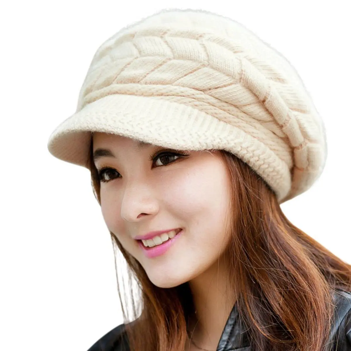 ‌Winter Warm Knit Hat Slouchy Beanie Cap with Visor for Women Windproof Coldproof Soft Fleece Lined Outdoor Sports Fishing‌ Warmth Ear Protection Style