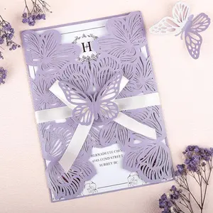 50Pcs Light Purple Wedding Invitations with Envelopes and RSVP Cards Laser Cut Hollow Butterfly Personalized Invitation Pockets with Ribbons