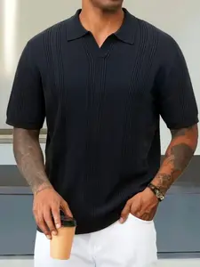 1 men's knitted V-neck polo shirt, a textured, slim-fit short-sleeved pullover sweater, with a business casual style, a slim and well-fitting silhouette, slimming and heightening, suitable for summer wear, perfect for daily commuting, dating, and vacation