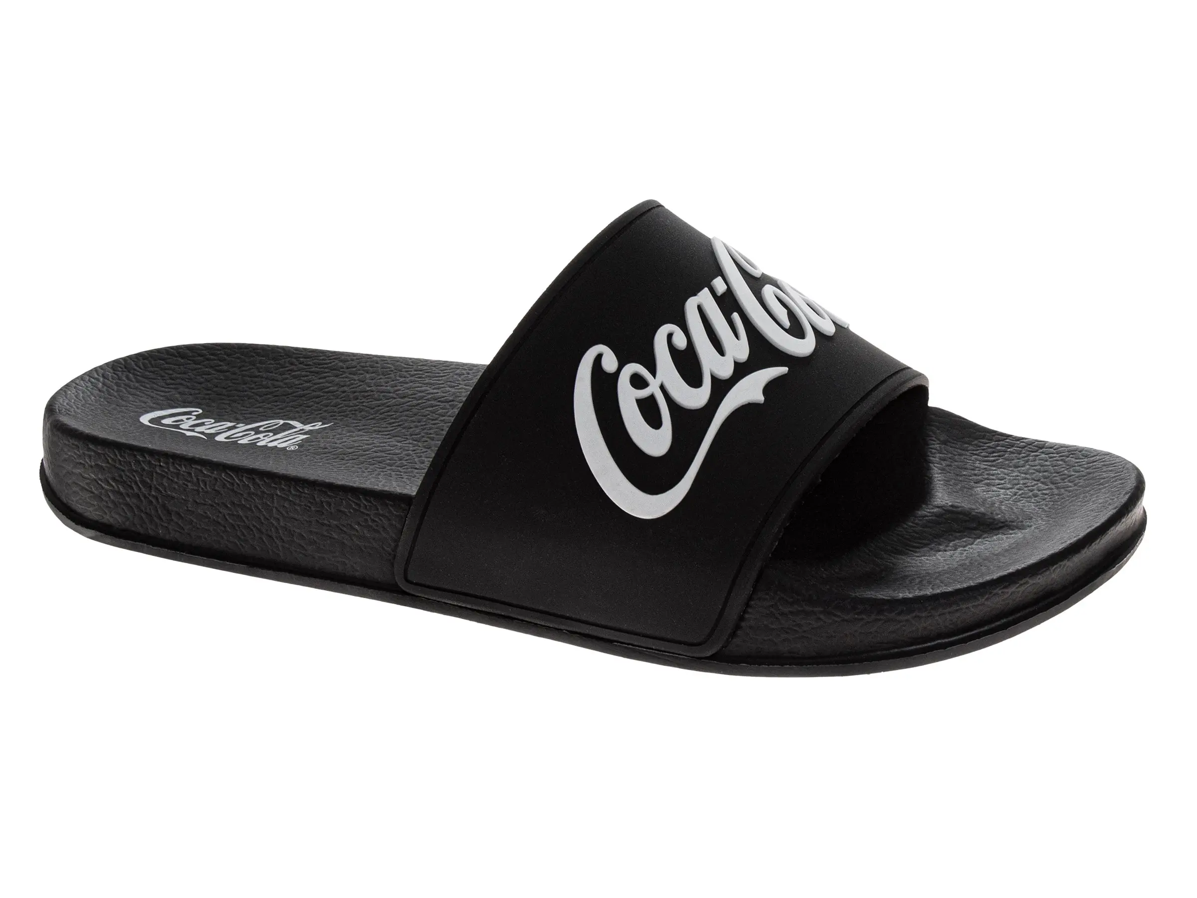 Coca-Cola Coke Men’s Slide Sandals – Black Script Logo Slip-On Slides Extra Cushion Comfort Casual Slides (Adults)