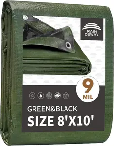 RAINDEWAY 8x10 Waterproof Tarp – 9 Mil Heavy Duty Poly Tarp Cover with Reinforced Edges & Metal Grommets (Green/Black)