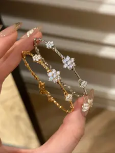 Elegant Women's Flower Bangle with Artificial Zircon, Golden Silvery Adjustable Copper Bracelet Jewelry Gift for Daily Wear Party