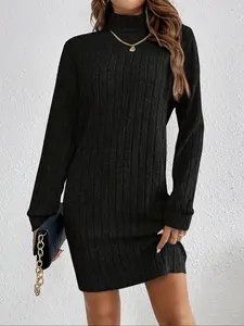 Autumn Winter Women's Solid Color Simple Knit Dress, Casual Long Sleeve Round Neck, Chic Elegant Plain Sweater Dress for Daily Wear, Womenswear
