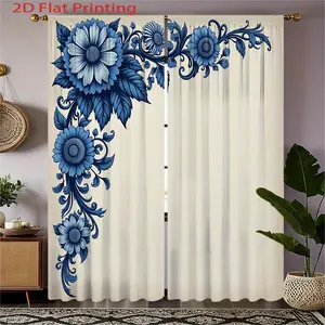 2D Flat, 2pcs, 2D Flat Printing Curtains Blue Floral Corner Pattern Curtain for Bedroom Decor, Rod Pocket Curtain