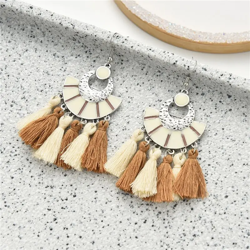 Women's Boho Multicolored Tassel Earrings Beige