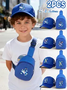 2PCS Kids Blue 26 Letter Decor Mesh Baseball Cap & Portable Chest Bag Set, Breathable & Adjustable Strap, Trendy Outdoor Set for School, Daily Commute & Travel