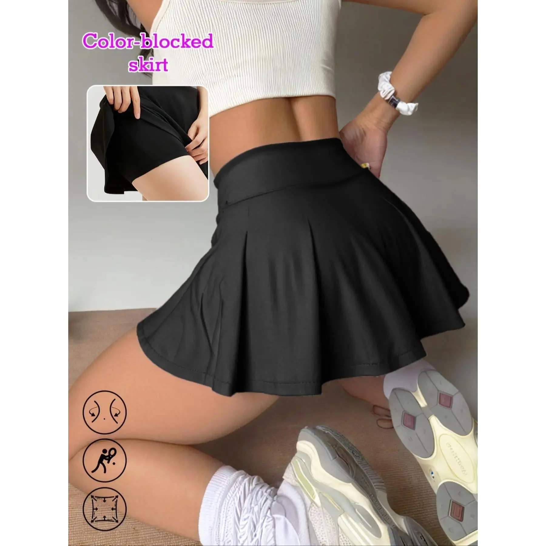 Women's High Waist Sporty Colorblock Skirt Shorts Set, Slim-Fit Tennis Golf Fitness Multifunctional, All Season Wear