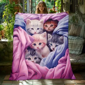 1pc Comfortable Cute Kitten Blue And Pink Background Blanket Flannel Digital Sofa Office Sofa Bed Travel Camping Living Room Soft Warm Flannel Blanket, Gift For Friends And Family