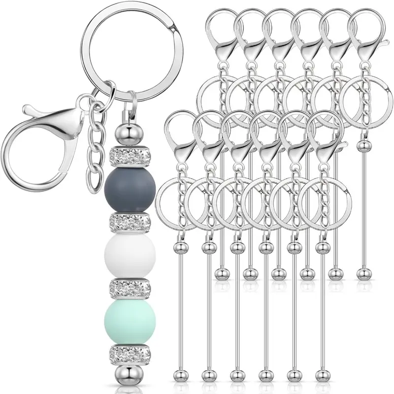 12-Piece Multipack Blank Beaded Metal Key Chain Kit - Customizable Beadable Keychain Bars, Blank Base Key Rings for Crafts, DIY Craft Making & Gifting Accessories