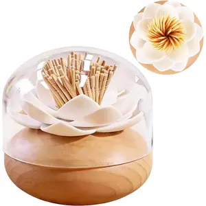 Beech Wood Toothpick Holder Dispenser, Lotus Cotton Swab Holder, Decorative for Kitchen Table Decor, Cute Gift with 80 Toothpicks