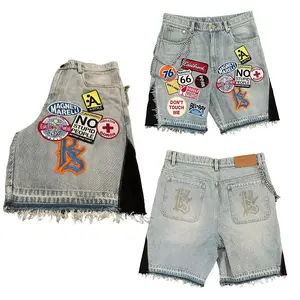 American Retro Denim Shorts Y2K Jeans Mens Womens Harajuku Gothic Hip Hop Cartoon Patchwork Embroidery Retro Blue Baggy Shorts