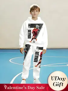 Boys C Ronaldo Football Set, with Soccer Pattern Number Prints, Hooded Sweatshirt and Pants, Casual Spring & Fall, Hoodie Set