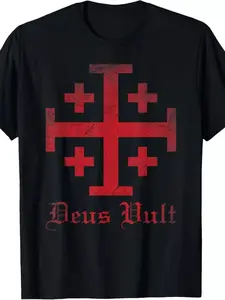 ' Knight Templar Crusader T-Shirt with Deus Vult Latin Slogan & Jerusalem Cross Emblem - Medieval History Costume Apparel, Comfortable Cotton Streetwear, Regular Fit Crusades-Themed Top