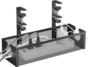 Under Desk  Management Tray, No Drill Metal Mesh  Management Under Desk with F-Clamp Mount & 2 Open Holes, Cord Organizer for  Office, 1 Pack, Black