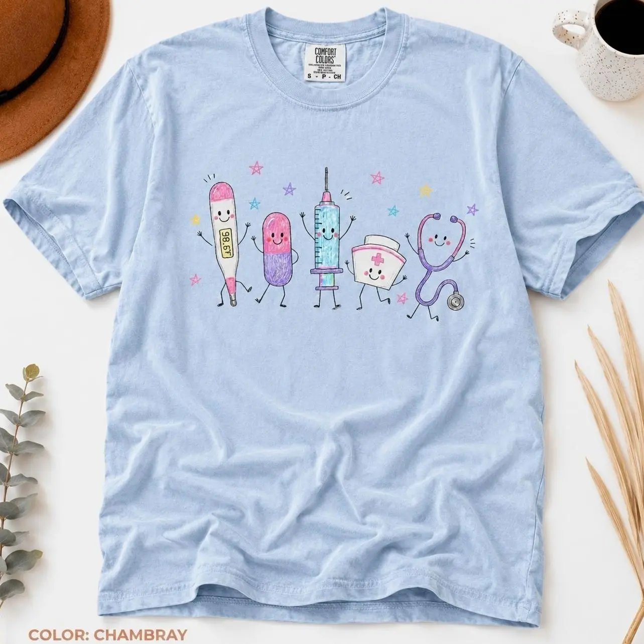 Comfort Colors Nursing Character T-Shirt, Cute Medical Healthcare RN Nurse Graphic Tee, Nursing School Student Clothes, Registered Nurse Practitioner Shirt, Hospital Clinic Healthcare Worker Apparel, Graduation Gift for Future Nurse Women