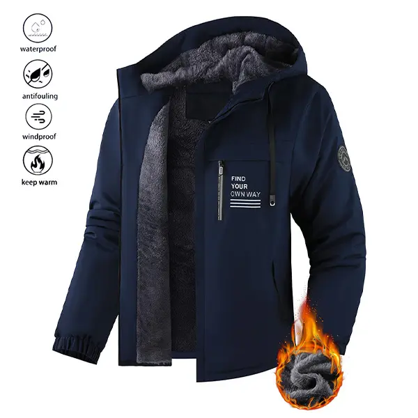 Men's Casual Athletic Jacket with Thermal Fleece & Cashmere Lining, Slim Fit Hooded Windproof Outerwear for Winter, Thermal Lined Outerwear