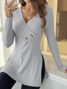 Women's Ribbed Cross Neck Long Sleeve Top Blouse with Button Detail, Elegant Side Slit Design for Autumn and Winter Fashion