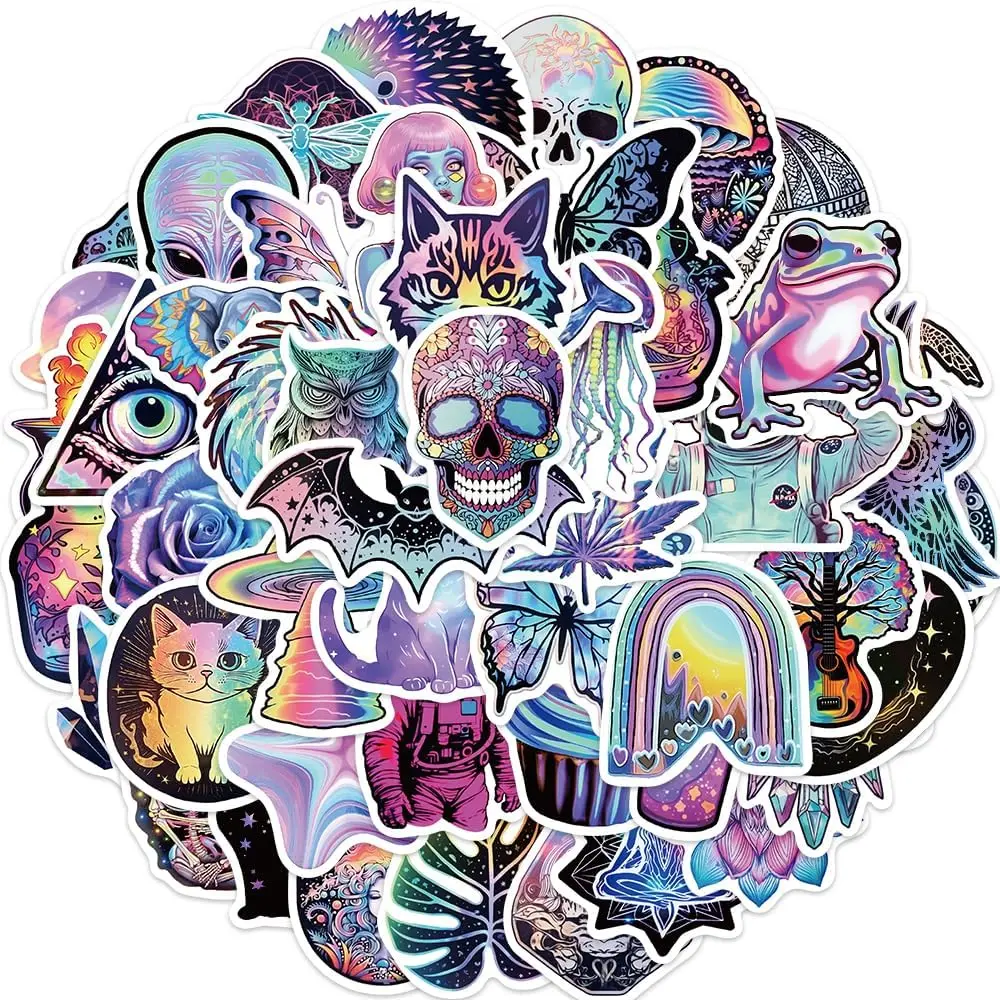 50Pcs Psychedelic Stickers for Water Bottle, Waterproof Vinyl Graffiti Stickers Pack for Laptop Skateboard Hydro Flask Scrapbooking Anime Trippy Stickers for Adults