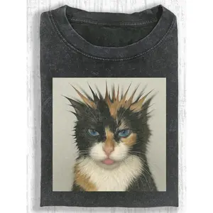 Punk Cat Graphic Tee - T-Shirt with Quilted Print Detail, Vintage Style Loose Fit Crew Neck for Adults - Perfect for Edgy Streetwear & Weekend Vibes