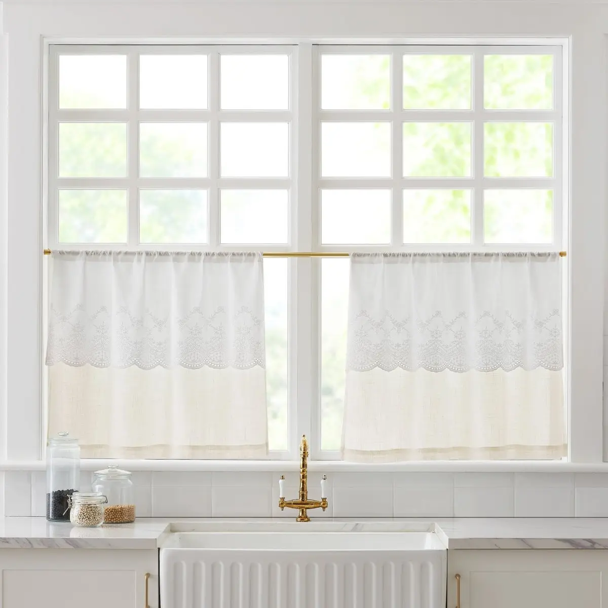 Lush Decor Brigitte Embroidery Eyelet Scalloped Edge Kitchen Tiers Pair 29x24 Cotton Valance Linen Blend Cafe Curtains Country Cottage Style
