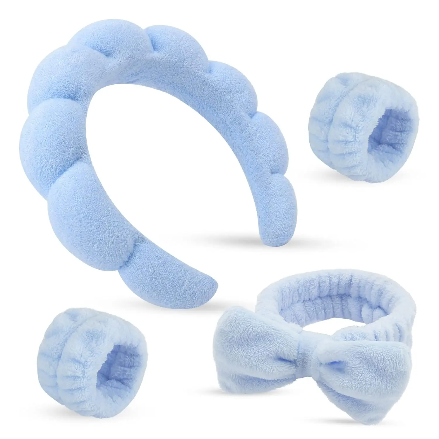 Puffy Spa Headband and Wristband Set for Women, Fluffy Terry Cloth Hair Band for Face Washing, Skin Care, Makeup - Great Female Present Idea, Tie Dye, Fluffy And Elegant, Plain, Coral Fleece, Fluffy Cloud