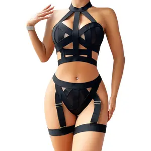 Plus Size 3 Piece Strappy Lingerie Set Halter Neck Cut Out Bra And Garter Thong With Thigh Bands Adjustable Caged Underwear Valentine Day Gift For Curvy Women Sexy High Waist Mesh Intimates