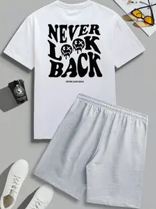 Men's 2-Piece Menswear Shorts Set with Edgy Melting Smiley Graphic, Casual Wrinkle-Resistant Loungewear with "Never Look Back" Text and Adjustable Drawstring