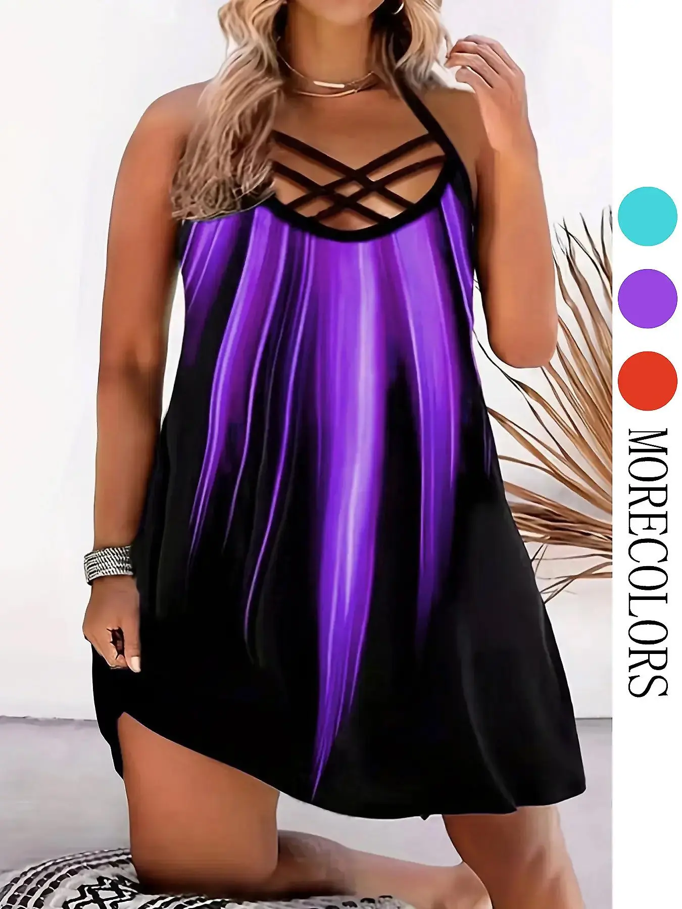 Plus Size Colorblock Criss Cross Cut Out Cami Dress, Elegant Sleeveless Dress, Casual Spaghetti Strap Short Dress for Summer, Women's Plus Clothing for Daily Wear