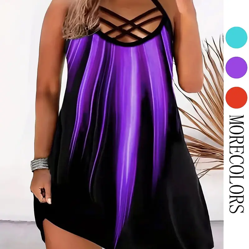 Plus Size Colorblock Criss Cross Cut Out Cami Dress, Elegant Sleeveless Dress, Casual Spaghetti Strap Short Dress for Summer, Women's Plus Clothing for Daily Wear, Cutout Sleeveless Dress