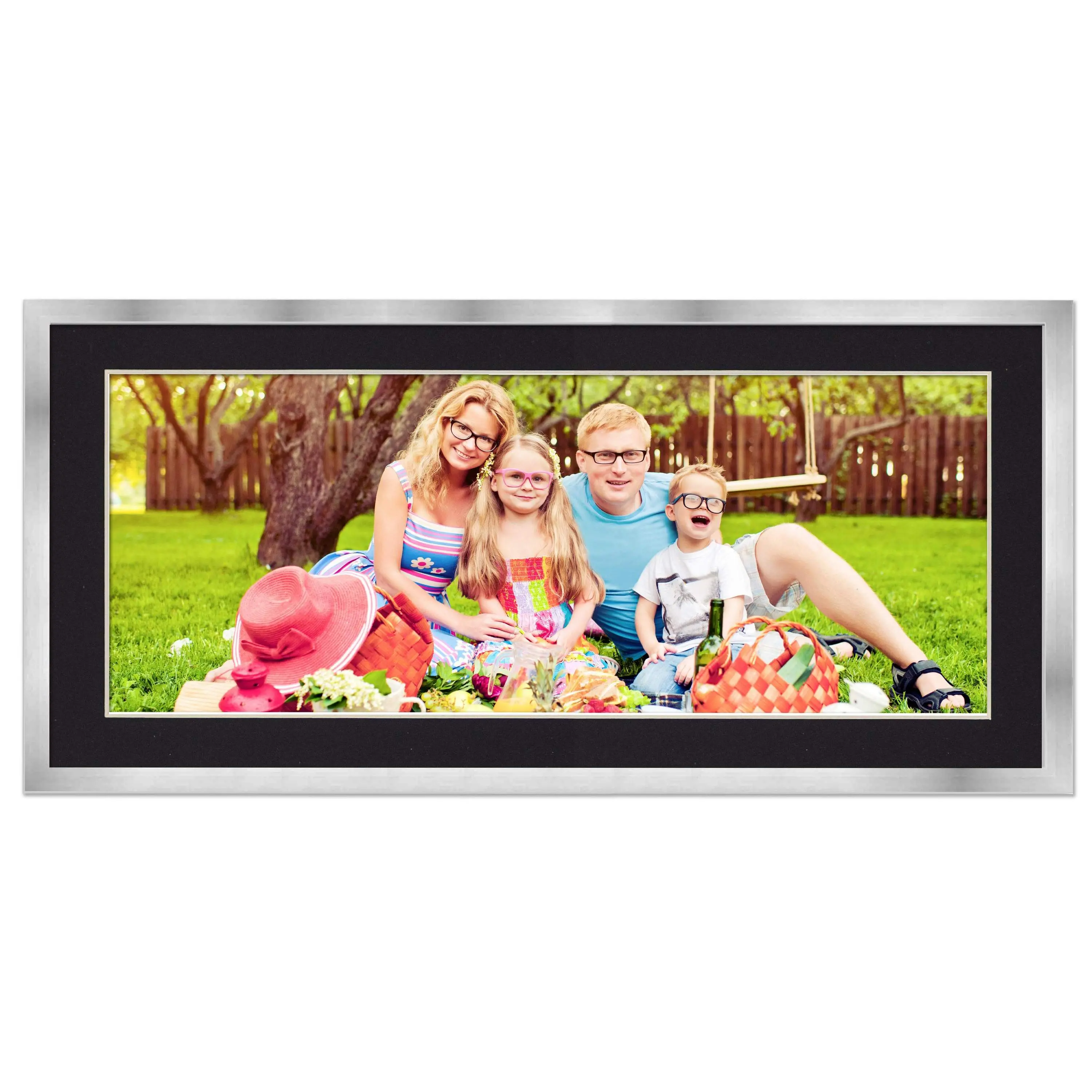 12x36 Frame with Mat - Silver 16x40 Frame Wood Made to Display Print or Poster Measuring 12 x 36 Inches with Black Photo Mat