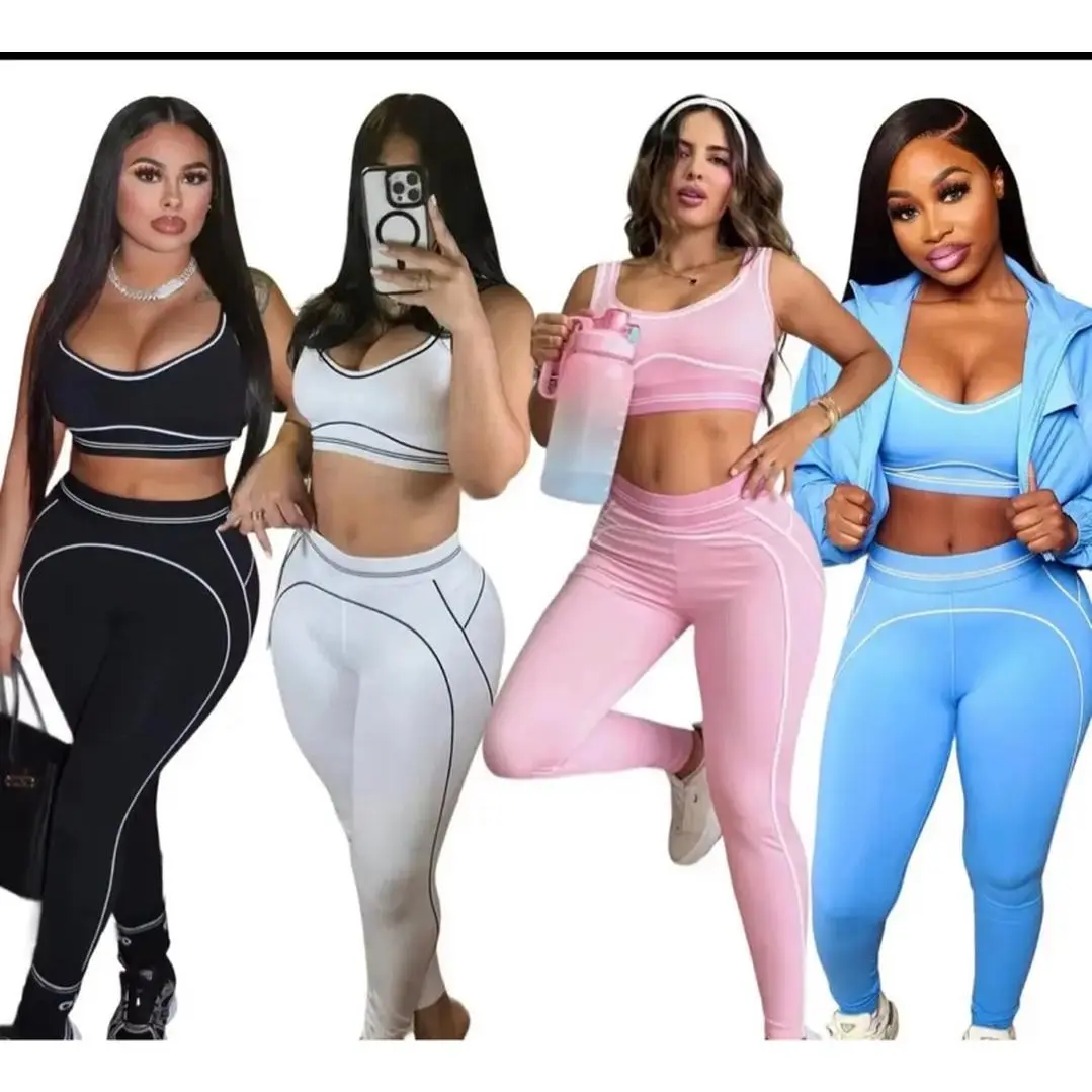 Women's 2-Piece Basic Sleeveless Knit Athleisure Set - Lady's Fashion Activewear Bra & Pants for Yoga