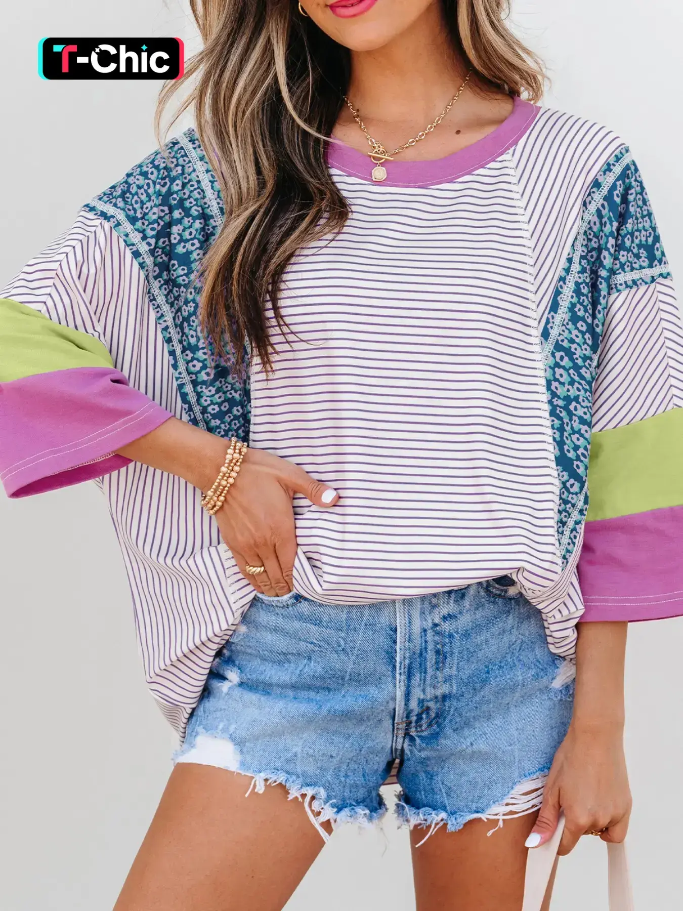 Summer Women's Striped Boho Casual Elegant Floral Printed Ditsy Floral Print Color Block Hem Patch Cuff Sleeve Casual Loose Round Neck T-Shirt Top Boho Tops Womenswear