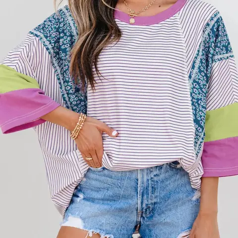 Summer Women's Striped Boho Casual Elegant Floral Printed Ditsy Floral Print Color Block Hem Patch Cuff Sleeve Casual Loose Round Neck T-Shirt Top Boho Tops Womenswear