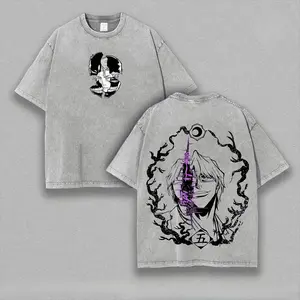 Men's BLEACH Manga Printed T-Shirt, Aizen Sousuke Anime Vintage Y2k Washed Oversized Menswear, Round Neck Short-Sleeve Distressed Cotton Tee Top for Festive Occasions, Shortsleeve, Tshirt