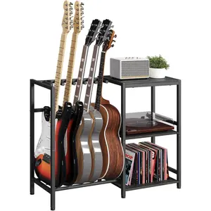 Guitar Stand, Guitar Holder for 4-5 String Instruments, Suitable for Acoustic Guitar, Bass, Guitar Rack with Side Shelves for Record Player, with Non-Slip Rubber Pads, Black GSBK9501