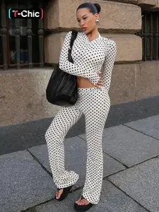 Women's Top & Pants Two-piece Set, Polka Dots Print Zipper Up Extra Long Sleeve Hooded Sweatshirt Top & Flare Leg Long Pants Sets, Casual Cut Out Sleeves Hoodies Coat Cardigan Crop Top With Bottoms Suit, Ladies Spring Fall Winter Trendy Casual Outfits