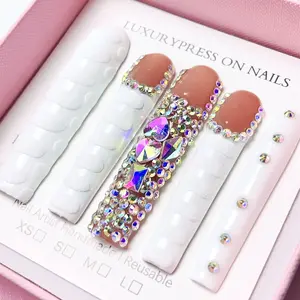 10PCS Handmade Press On Nails Fake Nail Tips for Nail Extensions, Glitter Base French Tip Extra Long Square White Nail Supplies Include Nail Tool Buffer Jelly Gel Stickers Y2K DIY Diamond Shining Elegant Luxury Design Glitter Decorative Nails