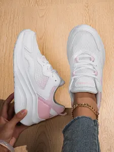 Women's Multicolor White and Pink Thick - soled Mesh Casual Shoes, a Street - style Item for Sweet - cool Girls. Suitable for Four Seasons with a Light - oxygen Style.  The Multicolor Design is Eye - catching Sneaker Trainer