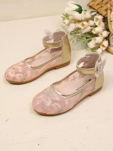 Girls' Embroidered Round Toe Flat Shoes, Lace Butterfly Pearl Design, Soft Sole Comfort, Party & Daily Wear, Spring & Fall