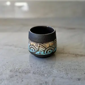 Charcoal Cup with Blue and Orange Carving