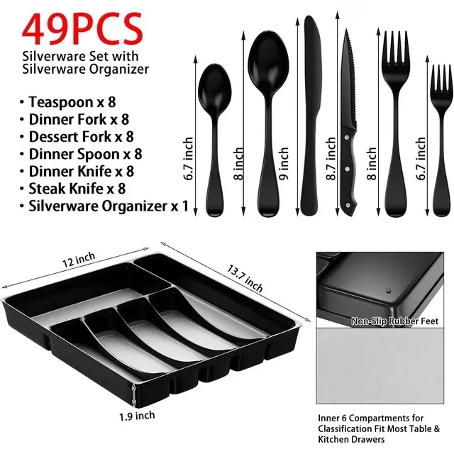 49-Piece Black Silverware Set with Flatware Drawer Organizer, Durable Stainless Steel Cutlery Set for 8, Mirror Polished Kitchen Utensils Tableware Service with Steak Knives and Tray