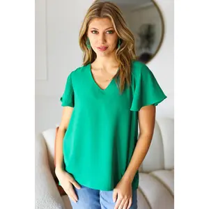In Your Dreams Emerald Green Flutter Sleeve V Neck Top