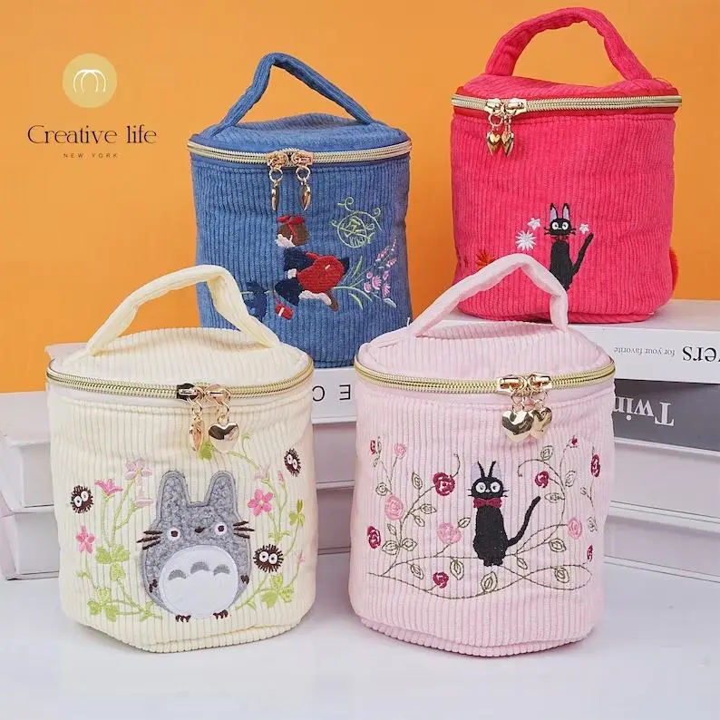 Corduroy Cosmetic Bag,Cute Black Cat Hand Bucket,Makeup Pouch, Fabric Handbag,Best Friend/Wedding/Birthdayay Gift