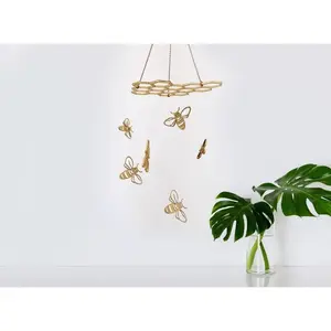 Bee Honeycomb Mobile Hanging: Laser-Cut Birch Wall Art with Gold Bees