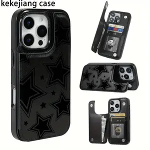 Black Star Pattern Wallet Phone Case for iPhone 17/16/15/14/13/12 Pro Max/Pro/Plus/Air – PU Leather Card Holder