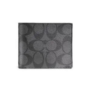 COACH Men's 3-in-1 Wallet with Embossed Logo and Detachable Card Case in Black Coated Canvas