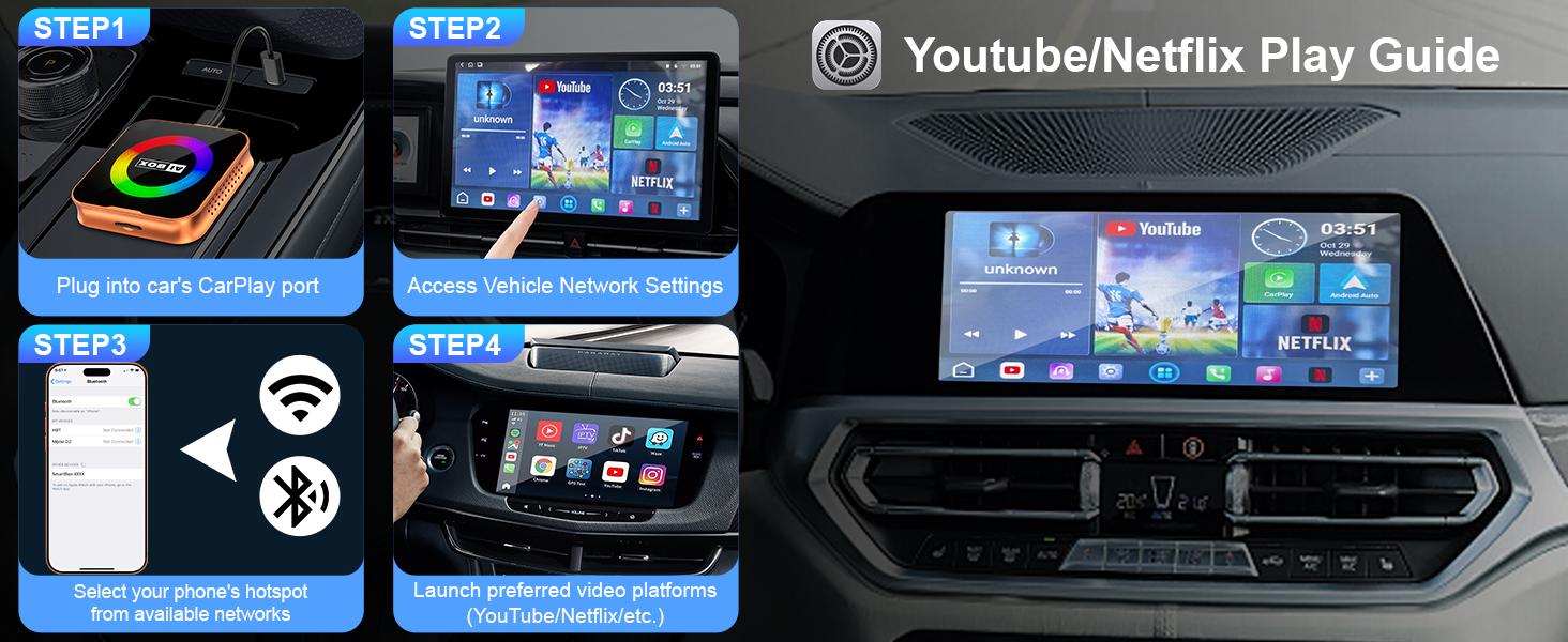 3-in-1 Wireless CarPlay Adapter & Android Auto Wireless Adapter, Plug & Play, Easy Setup, Supports Netflix, YouTube, TF Card, and More for Cars with OEM Wired CarPlay/Android Auto