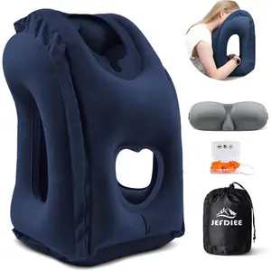 Inflatable Travel Pillow, Airplane Neck Pillow Comfortably Supports Head and Chin for Airplanes, Trains, Cars and Office Napping with 3D Eye Mask, Earplugs and Drawstring Bag (Blue)