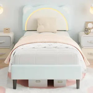 Garvee - Single Bed Frame for Kids, Upholstered Platform Bed Frame with Adjustable Headboard and LED Light, Wooden Slat Support, No Box Spring Needed, for Kids' Room